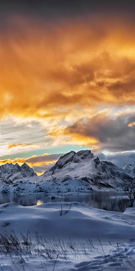 Sunset Snow Mountains Landscape Nature 1080x2160 Wallpaper
