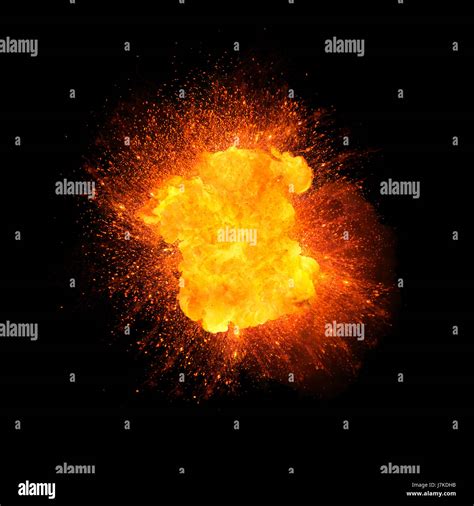 Realistic Fire Explosion Orange Color With Sparks Isolated On Black