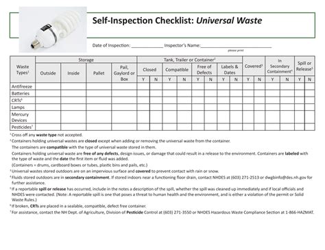 New Hampshire Self Inspection Checklist Universal Waste Fill Out