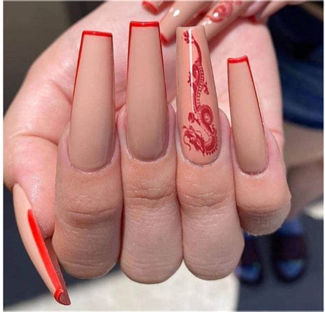 Long Coffin Press On Nails Red Nude Dragon Etsy Uk