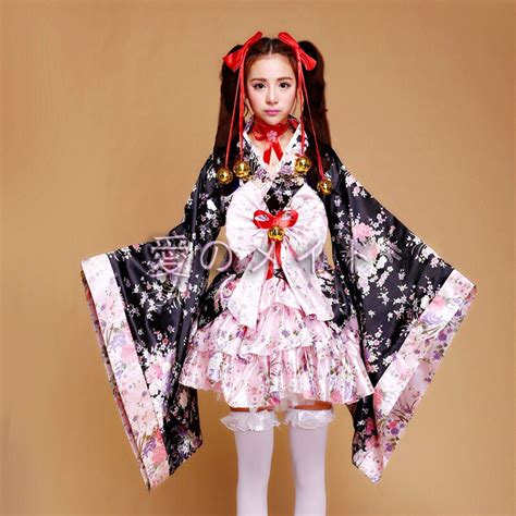 Lovely Kimono Lolita Dress Cosplay Double Cherry Sakura Red Pink Maid