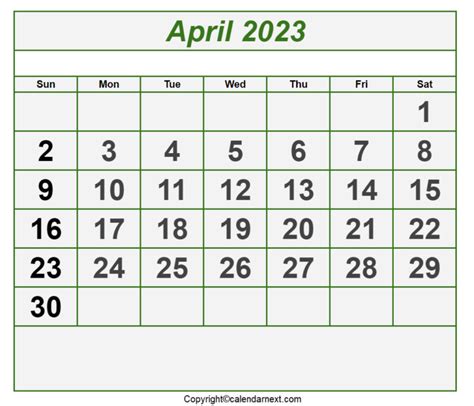 April Calendar 2023 With Notes Calendar Next