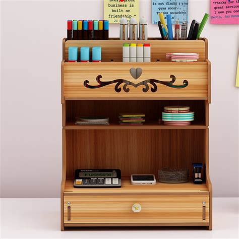 Whether you want to store important mail atop your dresser, recipes and pens on the kitchen alternatively, you can hook the caddy over a small wooden lip on the top edge of the drawer, which i preferred. Wooden Desk Organizer Multi-Functional DIY Pen Holder Box ...