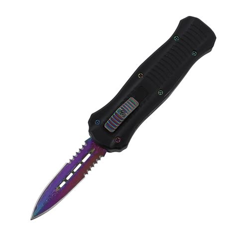 Damascus Black D A Otf Automatic Knife Rainbow Dagger Serrated