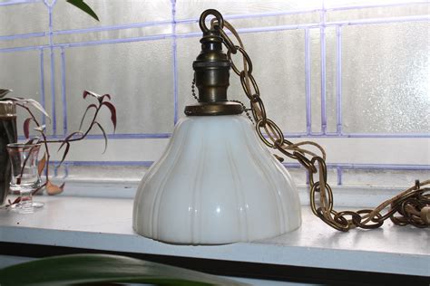 Vintage 30s Hanging Pendant Light Fixture With Ribbed Milk Glass Shade