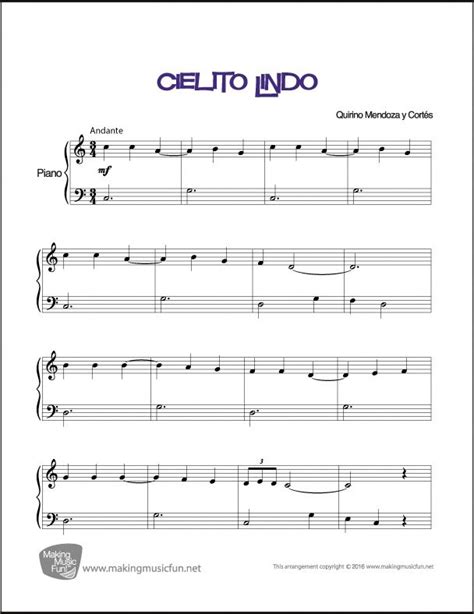 Professionally arranged by the makingmusicfun.net staff. Cielito Lindo | Sheet Music for Piano (Digital Print) - http://makingmusicfun.net/htm/… | Clases ...