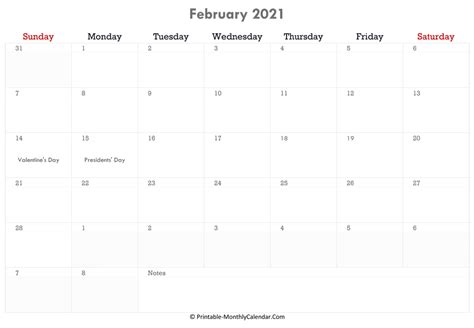 February 2021 Calendar With Holidays Printable