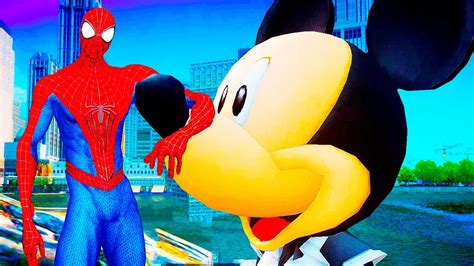 Mickey Mouse Rolls Spider Man On Machines In The City Funny Race