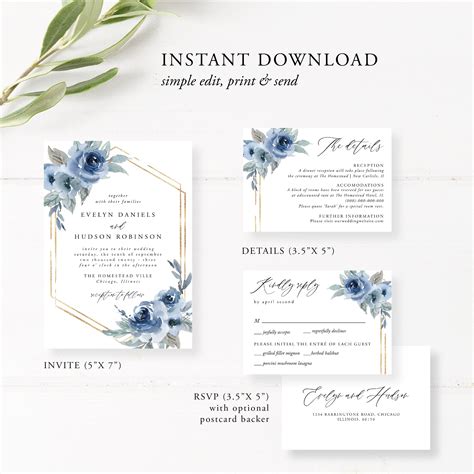 Dusty Blue Wedding Invitation Set Instant Download Template Etsy