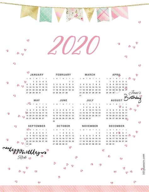 Free Printable 2020 Yearly Calendar At A Glance 101 Backgrounds