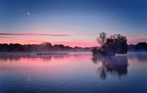 Photography Nature Landscape Morning Mist Daylight Lake Boat Trees Calm Moon England