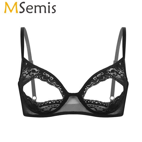 Msemis Open Cup Bra Women Sexy Lingerie Exotic Female Nightwear Sheer Lace Floral Nipple Split
