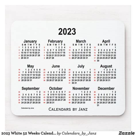 2023 White 52 Weeks Calendar By Janz Mouse Pad Custom