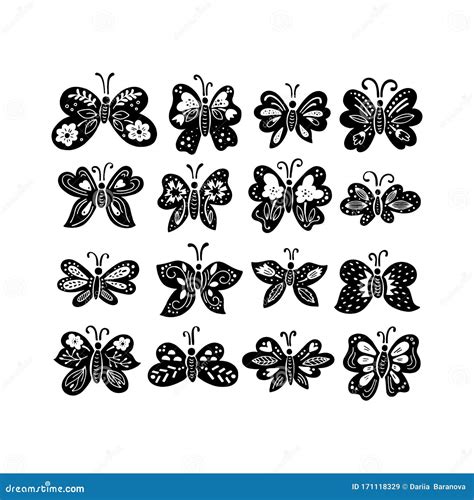 Hand Drawn Black And White Butterflies Set Stock Vector Illustration