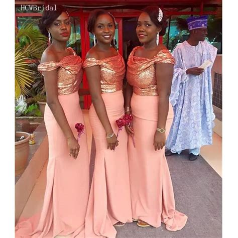 2019 New African Bridesmaid Dresses Blush Pink Mermaid Sequins Elastic