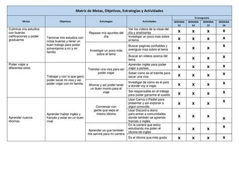 Matriz Xiomara Matriz De Metas Objetivos Estrategias Y