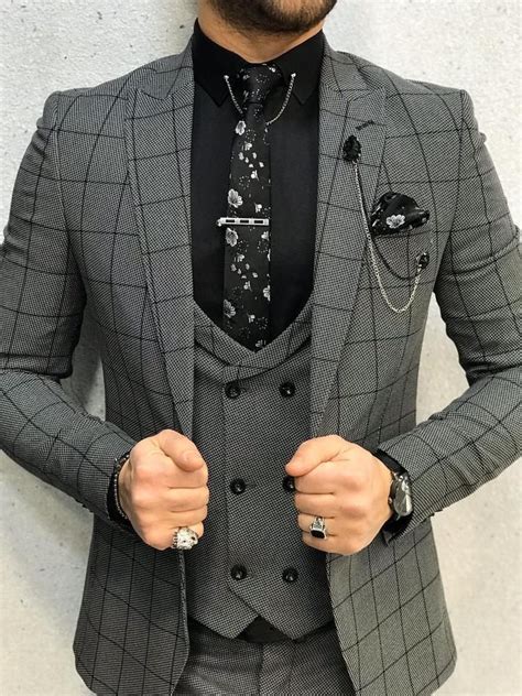 Lancaster Gray Slim Fit Plaid Check Suit Brabion Dress Suits For