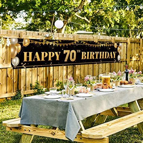 Large Happy 70th Birthday Decoration Banner Black And Gold Happy 70th
