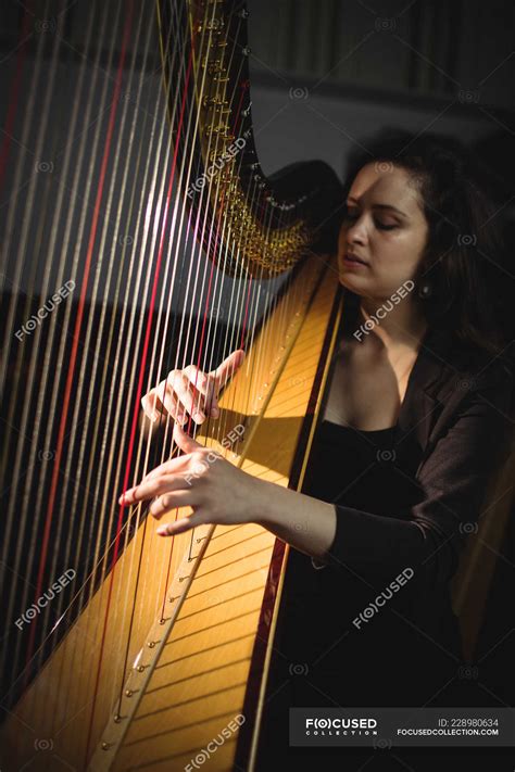 Attentive Woman Playing A Harp In Music School — Caucasian Expertise