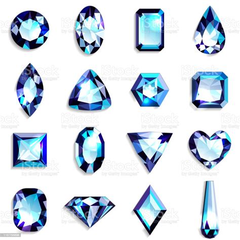Set Of Light Blue Gemstones Of Various Shapes Jewels On White