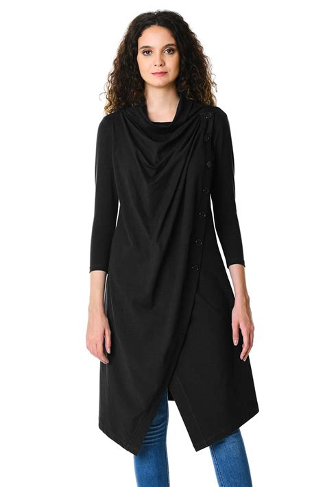 Black Asymmetric Cowl Neck Wrap Long Tunic Tunic Tops Women Tunic