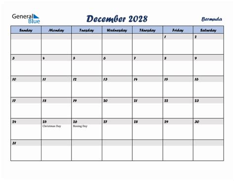 December 2028 Monthly Calendar Template With Holidays For Bermuda