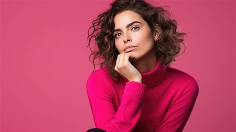 Premium Ai Image Young Thoughtful Woman On Pink Background Looking Away