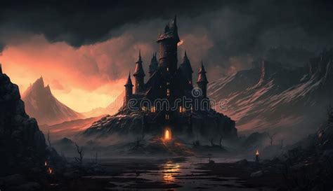 Halloween Dark Castle With Cloudy And Foggy Wallaper Stock Illustration