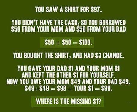 Check spelling or type a new query. Missing Dollar (Math Riddle) | Between Showers