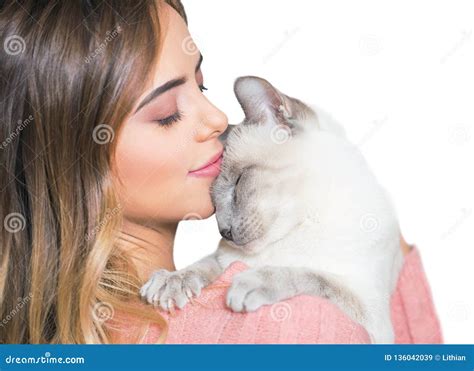 Gorgeous Brunette With Her Cat Stock Image Image Of Affection Caress