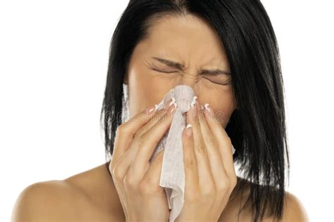 Woman Blowing Nose Into Tissue Stock Image Image Of Allergy Lady