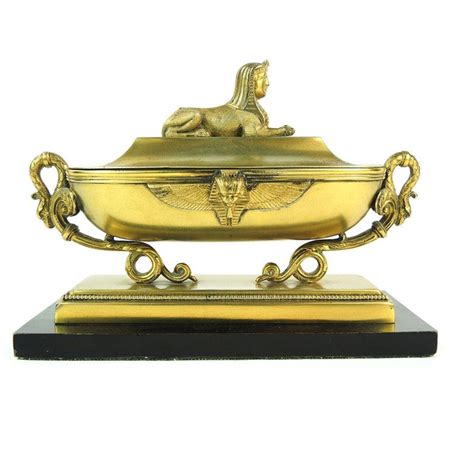 Egyptian Revival Gilt Brass Inkwell With Cobalt Glass Inserts Early 20th C Cobalt Glass
