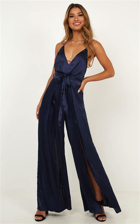 It All Works Out Jumpsuit In Navy Satin Produced By Showpo Party