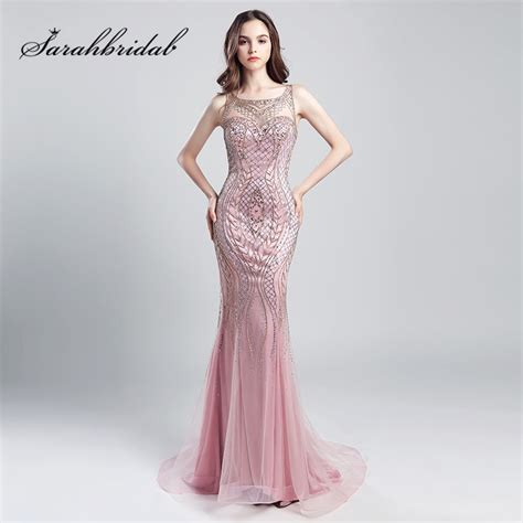 Blush Pink Mermaid Prom Dresses O Neck Beaded Crystals Long Tulle