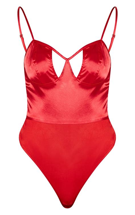 Red Satin Cut Out Bodysuit Tops Prettylittlething Usa