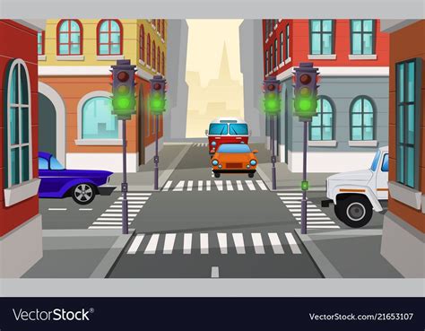 Vector Cartoon Illustration City Crossroad With Green Traffic Lights