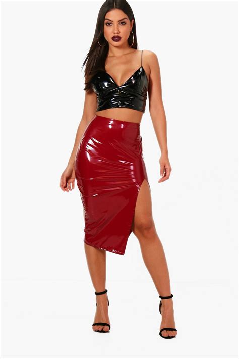 Thigh Split Vinyl Midi Skirt Red Leather Dress Hot Skirts Shiny Clothes