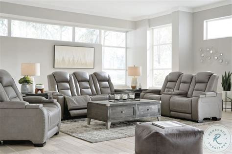 The Man Den Gray Leather Power Reclining Living Room Set With