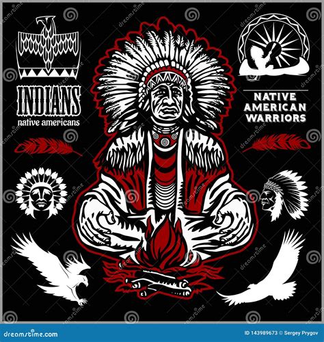 Native American Indians Apache Tribes Set Of Vector Emblems Labels