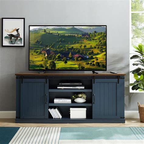 Festivo 70 In Navy With Walnut Color Desktop Tv Stand For Tvs Up To 75