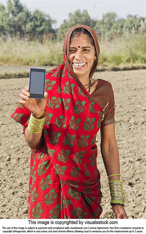 Smiling Indian Rural Farmer Woman Shwoing Mobile Phone Farm Village
