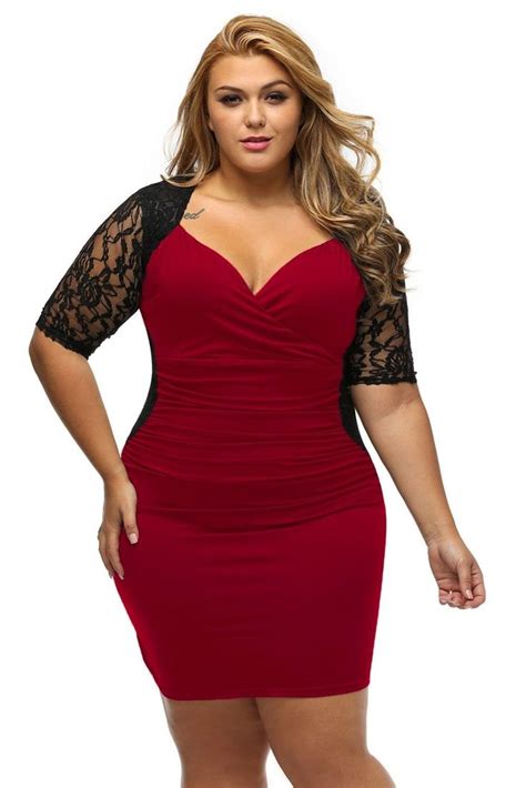 Sexy Ruched Lace Illusion Bodycon Party Plus Size Dress Plus Dresses