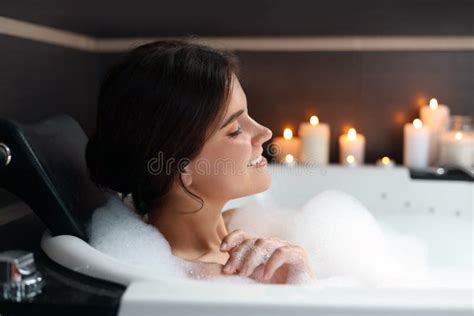 Happy Beautiful Woman Taking Bubble Bath Romantic Atmosphere Stock