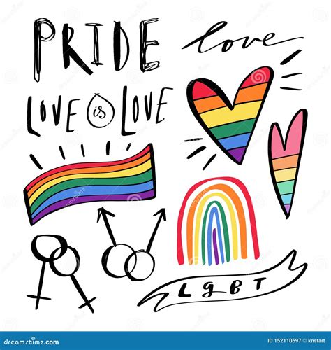 abstract hand drawn lgbt doodles pride love and peace lettering rainbow hearts gay parade