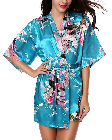 women s kimono robes peacock and blossoms silk nightwear short style acid blue fba