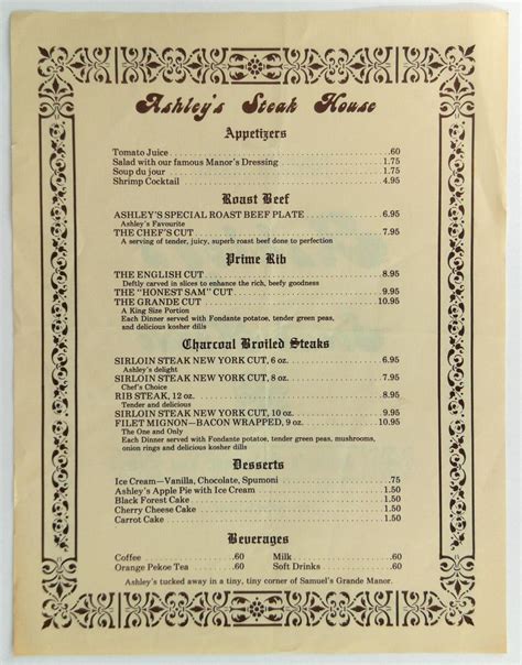 1980's Ashley's Steak House Original Restaurant Menu Williamsville New