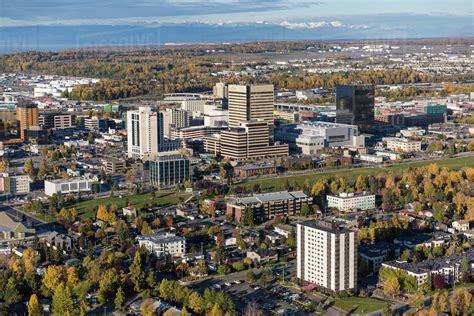 Aerial View Of Downtown Anchorage In Autumn Southcentral Alaska Usa