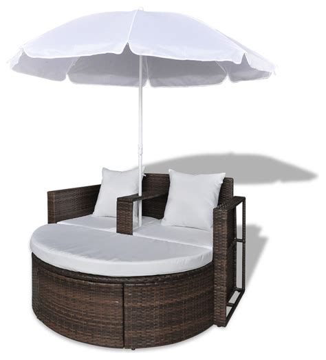 Vidaxl Lounge Set Poly Rattan Brown Sunbed Parasol Garden Outdoor