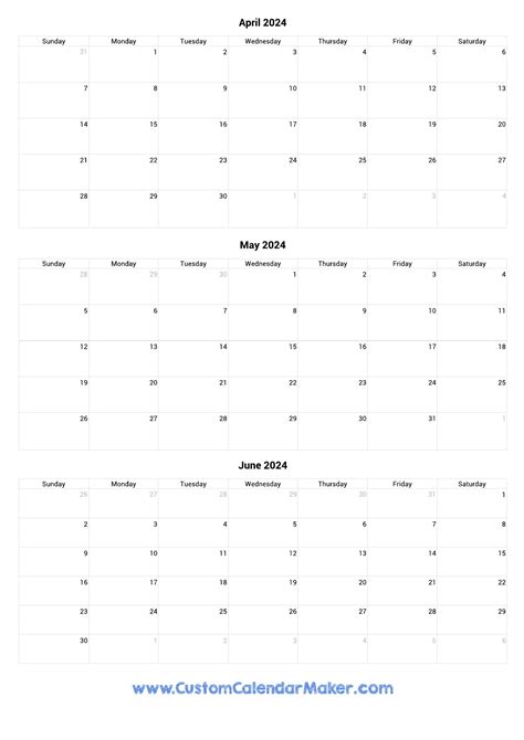 April To June 2024 Calendar Printable