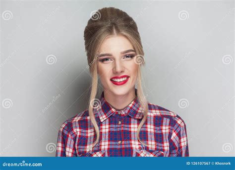 Satisfied Beautiful Blonde Girl In Pink Checkered Shirt Collect Stock Image Image Of Funny